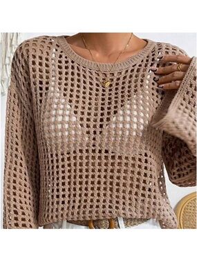 NWT Open Weave Crochet Sweater Top in Taupe
